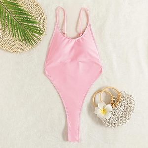 Pink One Piece Swimsuit Women Halter Neck Bandeau Solid Color Stretch Spandex <b>Bikini</b> Swimwear Thong Bottom Regular Fit - Product Image 5