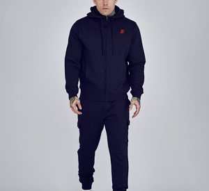 <b>Mens</b> Navy Blue <b>Zip</b> <b>Up</b> Hoodie With Embroidered Logo Regular Fit <b>Fleece</b> Sweatshirt Casual Autumn Wear - Product Image 1
