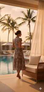 เดรสสายเดี่ยวผู้หญิง ลายอิกกัต ทรงพลิ้ว ยาวคลุมข้อเท้า สีน้ำเงิน สไตล์ลำลอง ติดกระดุม ใส่ได้ทุกวัน ระบายอากาศได้ดี ทรงเอไลน์ ผ้าฝ้าย 100% - Product Image 2