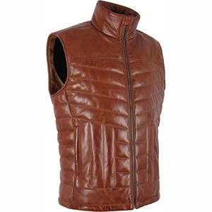 Gilet matelassé en cuir véritable pour homme, col montant, fermeture éclair, coupe-vent, décontracté, hiver, marron, protection UV - Product Image 4