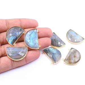 Labradorite Half Shape Faceted Silver Bezel 18K Gold Plated Sterling Silver Double Loop Gemstone Pendant Jewelry Making - Product Image 2