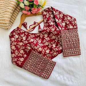 SÉQUENCE DE BRODERIE EN SOIE DOLA ATTRACTIVE ET TRAVAIL ZARI BLOUSE PRÊT À PORTER MARRON - Product Image 1