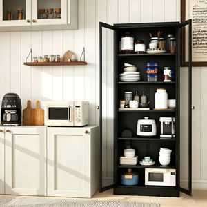 Armadio dispensa da cucina in metallo alto 183 cm con 5 ripiani regolabili, nero, autoportante, per dispensa o bagno - Product Image 1
