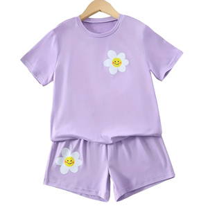 Conjunto de Verano de 2 Piezas para Bebés Niñas, Camiseta Morada y Pantalones Cortos de Algodón, Estampado Floral, Cuello Redondo, Manga Corta, Transpirable - Product Image 1