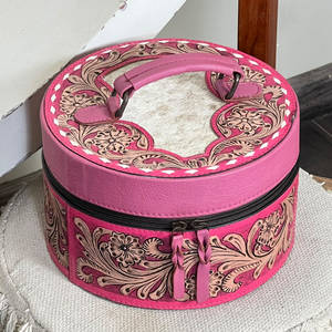 Boîte à bijoux ronde en cuir de vachette véritable, entièrement travaillée à la main, avec embossage floral, style vintage, durable, pour le rangement des bijoux - Product Image 2