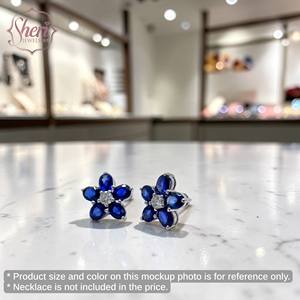 Pendientes de Oro Blanco Sólido de 18K para Mujer, Diseño de Flor Simple con Diamantes y Zafiro Ovalado, Engaste de Garra, Regalo para Ella, de Sheri Jewels - Product Image 3
