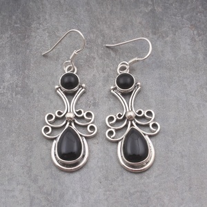 Natural <b>Black</b> Onyx 925 Sterling Silver Vintage Filigree Dangle Earrings Handmade Boho Teardrop Gemstone Jewelry for Women - Product Image 3