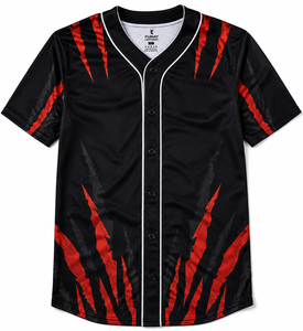 Maillots de baseball personnalisés pour hommes, noirs et rouges, sublimés, anti-humidité, manches courtes, coupe classique, adulte, 100 % coton, nom de l'équipe sur le devant - Product Image 1
