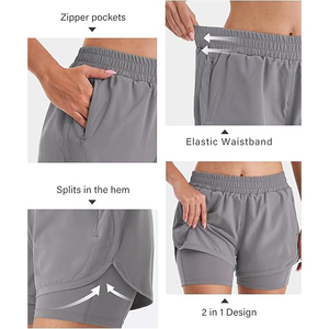 Shorts de course 2 en 1 gris moyen taille haute pour femme, fluides, en polyester, séchage rapide, pour fitness et entraînement, avec poche zippée - Product Image 4