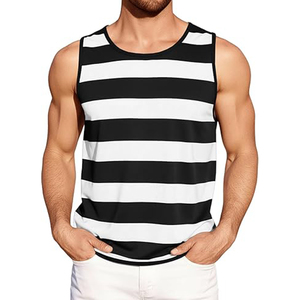 Débardeur sans manches pour homme, motif rayé, col rond, respirant, 100% coton, écologique, logo sur le devant, vêtements décontractés pour l'entraînement - Product Image 4