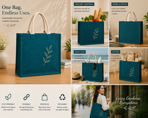 Teal Jute Tote <b>Bag</b> With Gold Leaf Embroidery <b>Medium</b> <b>Size</b> Daily Shopping <b>Bag</b> - Product Image 3