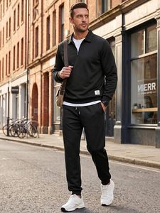 Conjunto Deportivo para Hombre, Negro, con Cierre de Cremallera a la Mitad, Manga Larga, Color Sólido, Informal, Transpirable, de Poliéster, Corte Regular, Pantalones con Cordón Ajustable - Product Image 6