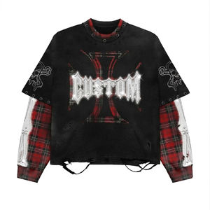 Camiseta Corta Extra Grande con Estampado Personalizado para Hombre, Estilo Punk, Cuello Redondo, Manga Negra a Cuadros, Ribete en Contraste, Manga Corta, Logotipo Frontal Estampado - Product Image 1