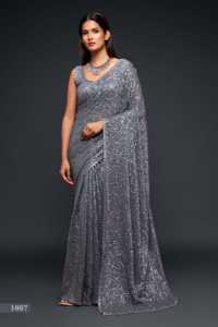 Sari de Lujo Gris Plateado con Lentejuelas, Sari de Georgette con Trabajo Metálico de Lentejuelas Pesadas, Sari de Diseñador para Bodas Indias y Fiestas - Product Image 5