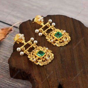 Pendientes de Aro de Plata de Ley 925 con Esmeralda y Perla Chapada en Oro, Joyería de Lujo para Novia, Regalo para Mujer - Product Image 4