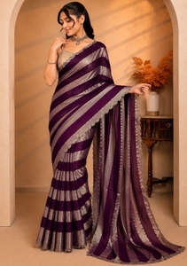 KV Women's Striped Bollywood Silk <b>Saree</b> with Wrinkle-Free Reversible Design and Unstitched Blouse (<b>Purple</b>) - Product Image 3