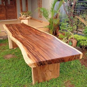 Juego de Mesa de Comedor de Madera de Teca Sólida, Mesa de Madera con Borde Natural y Banco, Muebles Modernos Rústicos para Comedor - Product Image 2