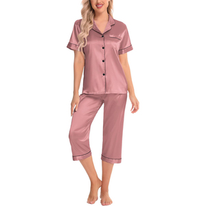 Shell Button Satin Pajama Set Full Sleeve Shawl Collar Wide Leg <b>Pants</b> Drawstring Waist Night Suit - Product Image 2
