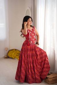Blusa LEHEGA Roja Larga Hasta el Suelo con Estampado Geométrico para Mujer, Ropa Tradicional India, Estilo Boda, Vestido Holgado de Poliéster - Product Image 5