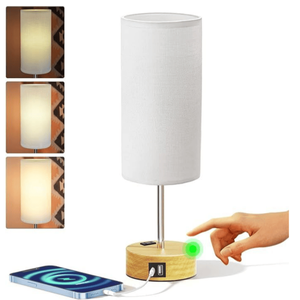 Lampada da Tavolo in Lino Dimmerabile a 3 Livelli con Porte di Ricarica USB A+C, Piccola Lampada da Comodino con Controllo Touch e Presa AC - Product Image 1