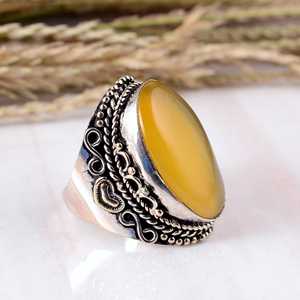 Natural Yellow Chalcedony <b>Ring</b> 925 Sterling <b>Silver</b> Large Oval Bezel <b>Set</b> Cabochon Gemstone Handmade Ornate Filigree Boho Unisex - Product Image 2