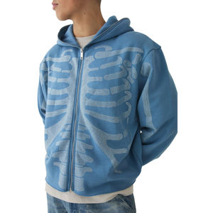 Vente en gros : Sweat à capuche en jean pour homme, design personnalisé, effet vieilli, délavé à l'acide, avec strass, coupe oversize, streetwear, fermeture éclair intégrale, hiver - Product Image 6