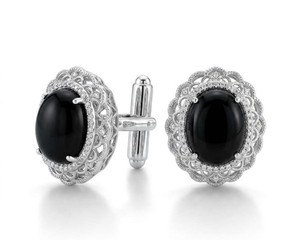 Boutons de manchette ovales en onyx noir, monture filigrane argentée, pour chemise formelle, bijoux de luxe pour homme, cadeau de mariage ou d'affaires - Product Image 1