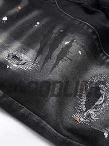 Shorts Bermuda en jean noir pour homme, taille mi-haute, fermeture éclair, style décontracté, déchiré, en coton délavé avec poches - Product Image 6