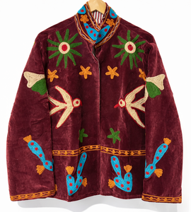 Chaqueta de Mujer Estilo Vintage de Terciopelo con Estampado Floral Suzani para Todas las Temporadas |   Cuello Alto Bordado a Mano, Transpirable y Reversible - Product Image 1