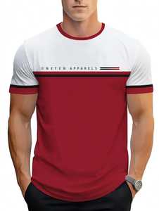 T-shirt décontracté pour homme à col rond et manches courtes, coloris blanc et bordeaux, avec bordure contrastante - Product Image 1