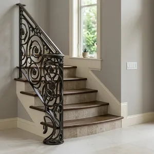 Luxury Black Wrought Iron Stair Railing Ornate Scroll Design Curved <b>Steps</b> Elegant Modern Balcony Home Interior Decor Rust - Product Image 5