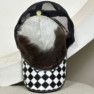 Casquette de camionneur en cuir de vache, bord à carreaux noir et blanc, dos en maille, style western, snapback unisexe, casquette de baseball réglable - Product Image 5
