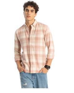 Chemise en coton à carreaux rose pêche et blanc pour homme, manches longues, boutonnée, décontractée, coupe ajustée, fabrication OEM, qualité supérieure - Product Image 1
