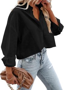 Camisa de Popelina Blanca para Mujer, Corte Crop, Manga Corta, Cuello Camisero, Ajuste Holgado, Estilo Casual, para Primavera/Verano, Uso Diario - Product Image 5