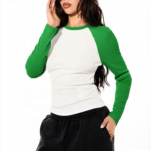 Custom Logo <b>Slim</b> <b>Fit</b> Women's <b>White</b> Green Raglan Sleeve Crop Top Crew Neck Knitted Cotton Casual T-<b>Shirt</b> Summer Women's T-<b>Shirts</b> - Product Image 4