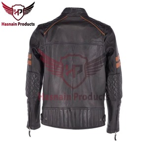 Chaqueta de cuero genuino negra para hombre, estilo motero con rayas color canela, abrigo de piel de vaca acolchado en los hombros, estilo Cafe Racer, personalizada, cálida para invierno - Product Image 4