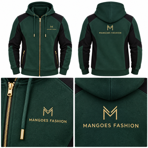 Sudadera con Capucha y Cremallera Unisex MANGOES FASHION, Verde y Negro, Manga Larga, Color Sólido Informal, 100% Algodón Felpa, Bolsillos Laterales, Verano - Product Image 4