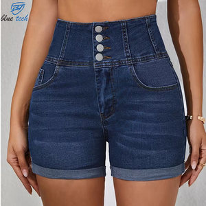 Shorts de Mezclilla para Mujer, Cintura Alta, Elásticos, Moda Verano, Casuales, Azules, con Ribete de Encaje, Desgastados, OEM - Product Image 5