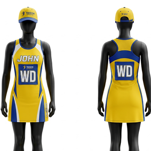 Uniforme de netball en polyester et élasthanne de qualité supérieure 200 GSM, jaune et bleu, avec panneau latéral en maille, logo personnalisé par sublimation - Product Image 1