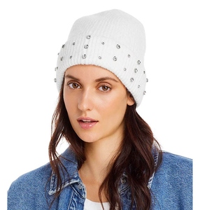 Gorro de Punto Negro con Pedrería para Mujer, Gorro de Invierno Cálido Tejido a Mano, Estilo Casual con Diseño de Puntos, Gorro de Algodón y Acrílico con Tachuelas - Product Image 3