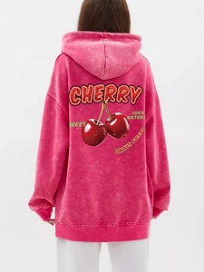 Sudadera con capucha de lavado ácido para mujer Sweet Cherry 100% algodón cuello redondo estampado fresco ropa de calle bolsillo de gran tamaño suéter cálido transpirable - Product Image 4