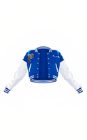 Veste bomber en cuir bleu personnalisée pour femmes, style varsity, coupe courte, pour femmes