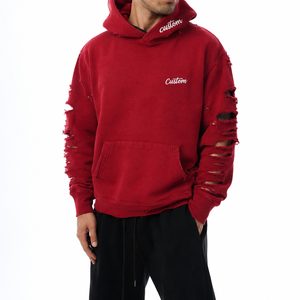 Custom <b>Men's</b> Oversized <b>Red</b> Distressed Pullover Hoodie 100% Cotton French Terry Heavyweight Ripped Cut Out Streetwear <b>Sweatshirt</b> - Product Image 1