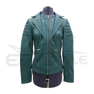 Veste moto élégante pour femme en toile et cuir d'agneau vert myrte, manches matelassées, fermeture éclair intégrale, imperméable, coupe-vent, automne-hiver - Product Image 1