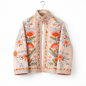 Cream Embroidered Bomber Jacket Orange Blue Floral Needle <b>Work</b> Coat <b>Stand</b> Collar Long Sleeves Women Casual Wear Masterpiece - Product Image 2