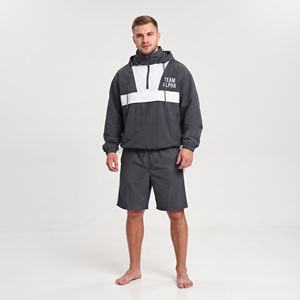 Ensemble de survêtement court coupe-vent streetwear pour homme 100 % nylon avec fermeture éclair 3/4, capuche, léger, coupe-vent, séchage rapide, short de pluie pour la randonnée - Product Image 1