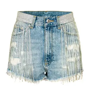 High Waist Distressed Denim <b>Shorts</b> Women With Beading <b>Fringe</b> Detail Summer Sexy Club Style Cotton Washable Regular Fit - Product Image 5