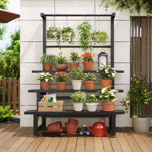 Soporte de Metal Negro para Plantas de Jardín, Estante de Múltiples Niveles para Macetas de Exterior con Barra Colgante, Exhibidor de Patio - Product Image 5