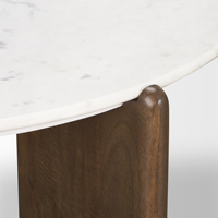 Table basse de salon contemporaine à plateau rond en marbre blanc avec trois pieds pliants en bois de manguier massif pour la maison ou le bureau