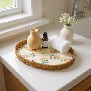 Plateau de service moderne en rotin naturel laqué, décoratif, écologique, artisanat de haute qualité, incrustation de nacre. - Product Image 4